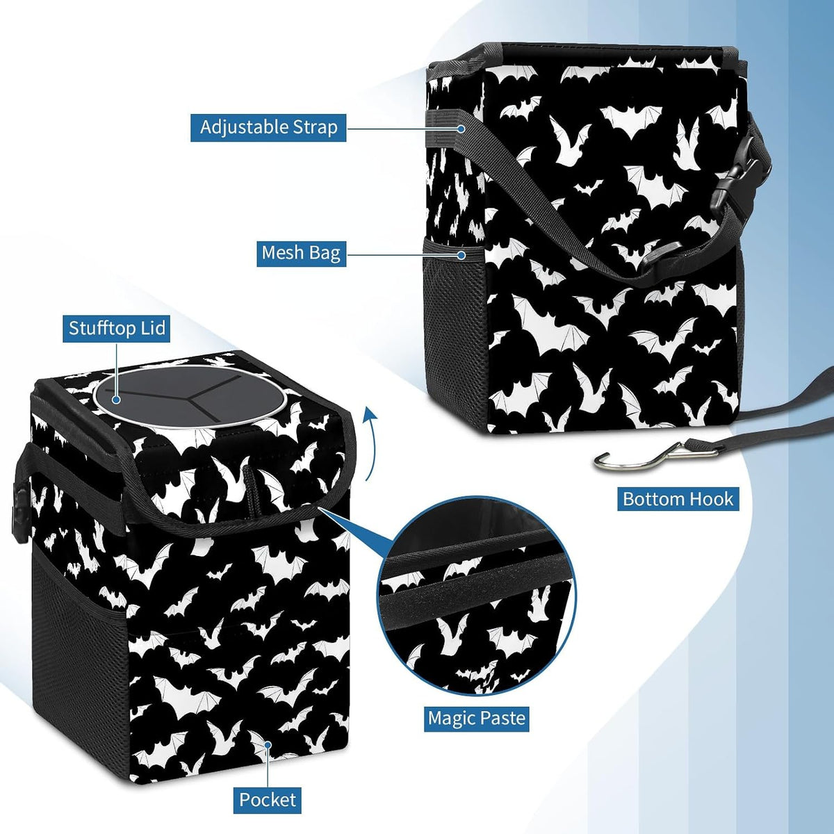 Car Trash Can with Lid Black and White Goth Bats Collapsible Reusable Leak-Proof Auto Garage Bag,Hanging Vehicle Car Accessories Interior Car Organizer