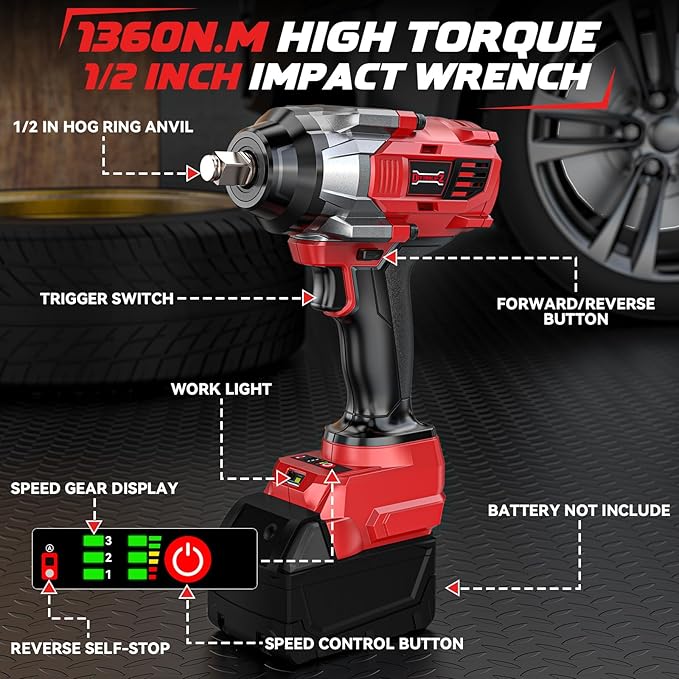 DIYtoolifz Cordless Impact Wrench 1/2” Compatible with Milwaukee 18v Battery(Bare Tool), 1000FT-LBS High Torque Impact Driver, Electric Impact Gun with LED Light, Variable Speeds, 4-Speed Control