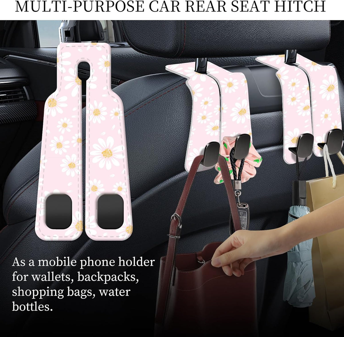PU Leather Car Seat Hook, Storage Headrest Hanger, Cute Car Backseat Organizer, Car Hooks For Purses and Bags Cute Pink Daisy