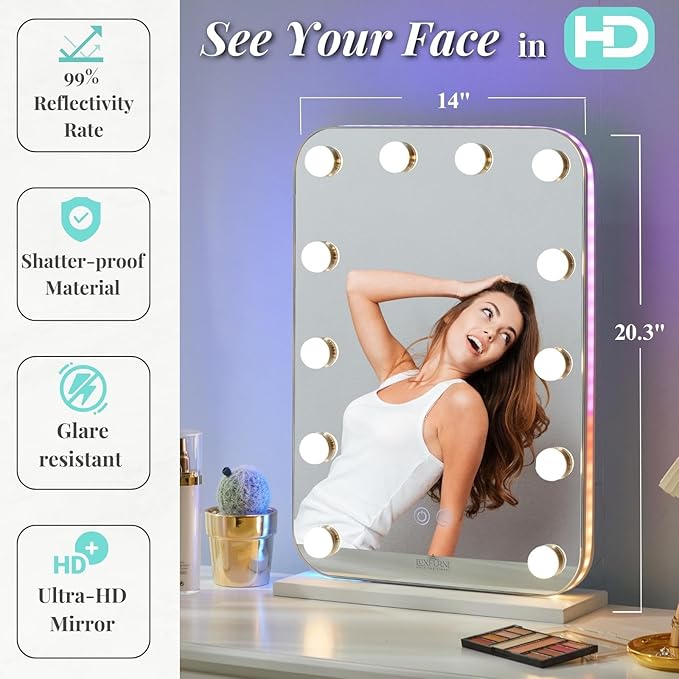 LUXFURNI Vanity Mirror with Lights, Lighted Makeup Mirror with 14 Dimmable Bulbs, Tabletop RGB Color Changing LED Mirror, 3 Color Mode, Touch Control, 20.3" L x 14" W