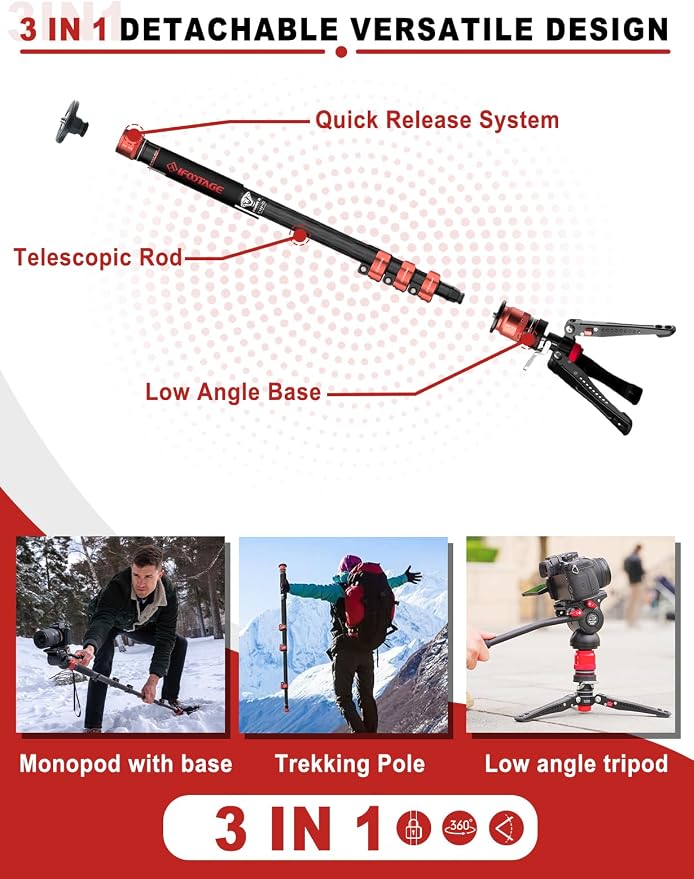 IFOOTAGE Monopod Cobra 3 C180F-P+K5S, 1/4'' & 3/8'' Quick Release Compatible