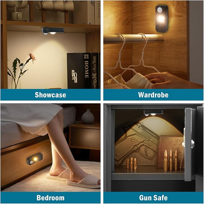 Black Motion Sensor Night Light, Wireless Rechargeable Puck Lights for Cabinet, Dimmable Stick on LED Closet Lights, Warm White Motion Sensor Light Indoor(4 Pack)