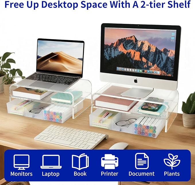OPNICE Acrylic Clear Desk Organizers and Accessories, 2-Tier Computer Monitor