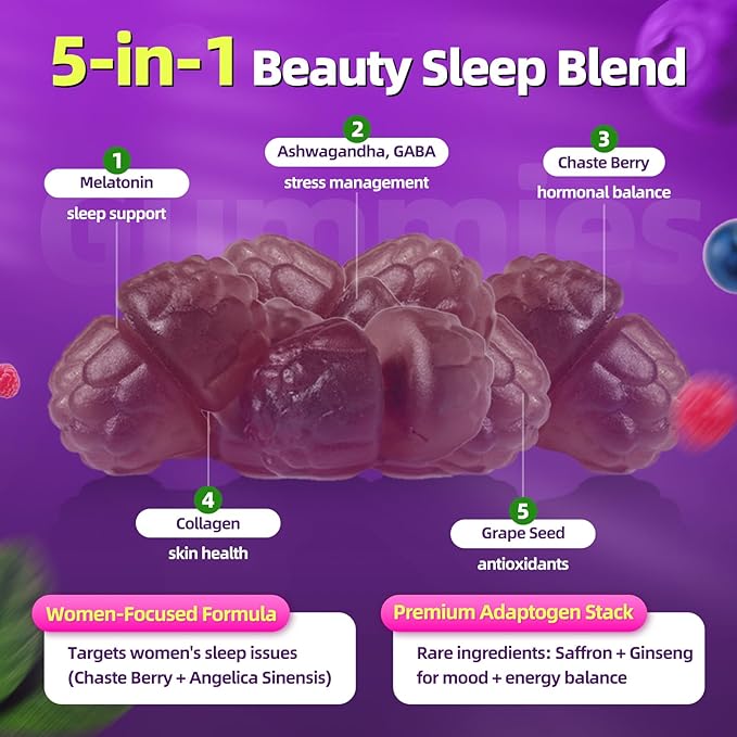 Women's Melatonin 5Mg Gummies with Ashwagandha, L-Theanine & Valerian Root | Natural Sleep Aid, Time Release Formula | Mixed Berry Flavor, Non-GMO, Gluten-Free, Melatonin Gummies 60-Day Supply