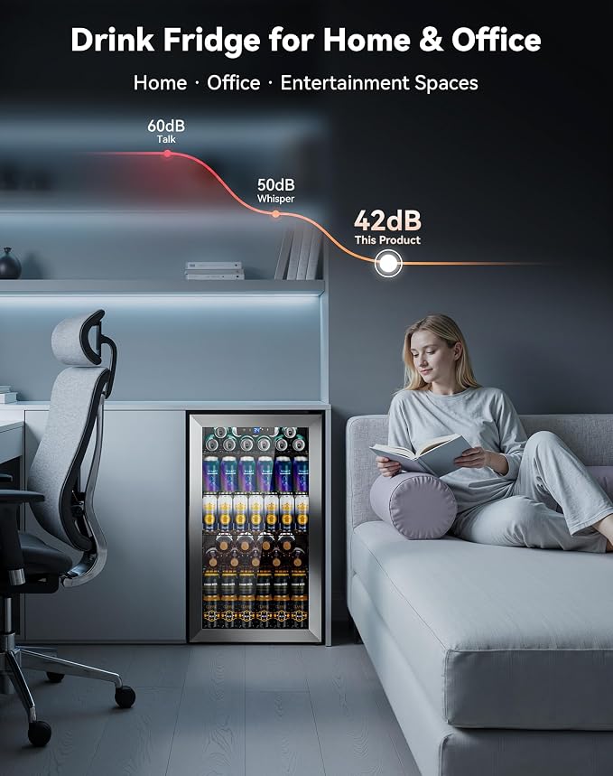 3.1 Cuft Beverage Fridge, 130 Can Mini Fridge, Glass Door, 34-64°F, Silver | LED Interior Light, Adjustable Removable Shelves, Freestanding for Bedroom, Office & Bar