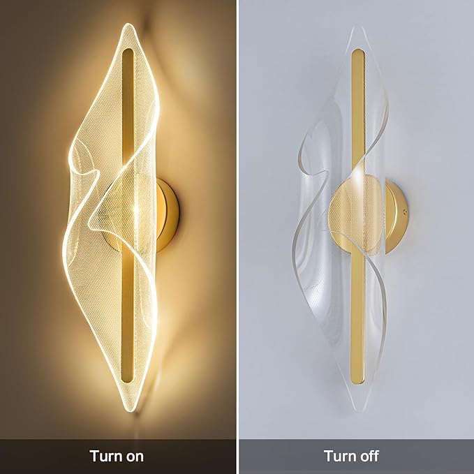 Modern Gold Wall Sconce 17.3In LED Wall Lamp with Remote Control Dimmable Acrylic Sconces Wall Lighting for Living Room Hallway Bathroom Bedroom Stairs