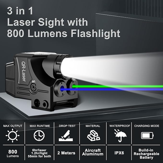 Red Green Purple Blue Laser Light Combo, 800 Lumens Tactical Flashlight Laser