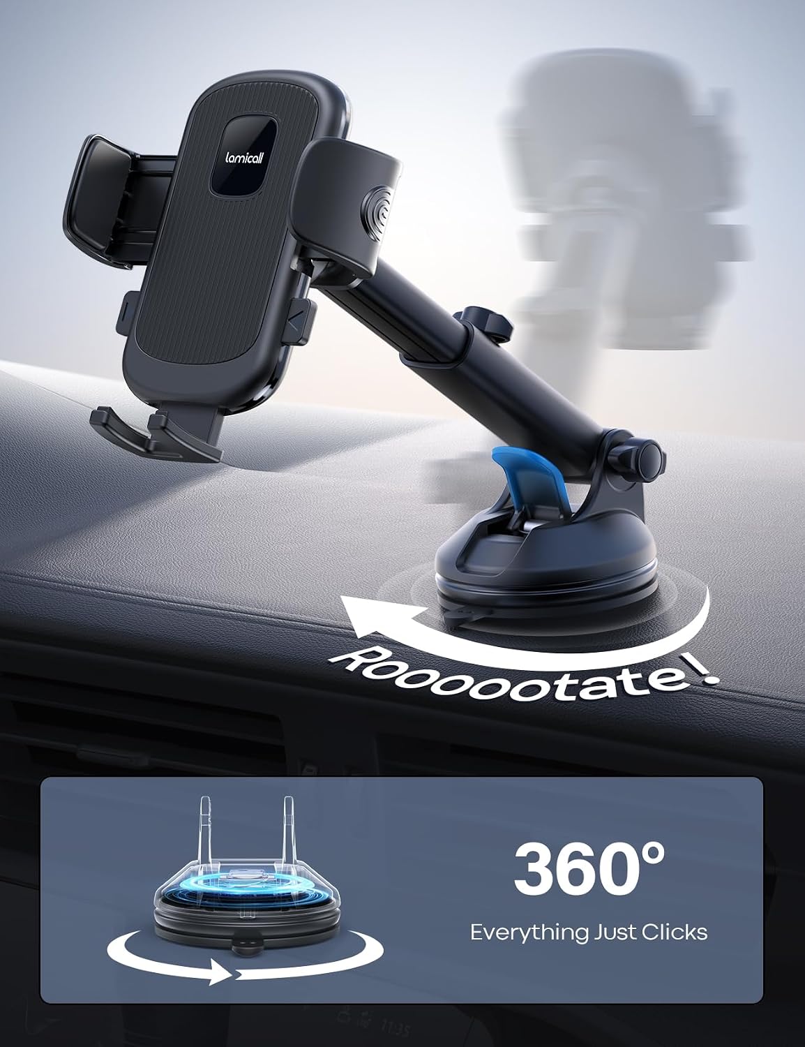 Lamicall Car Phone Holder Military-Grade Suction Cup Dashboard Windshield