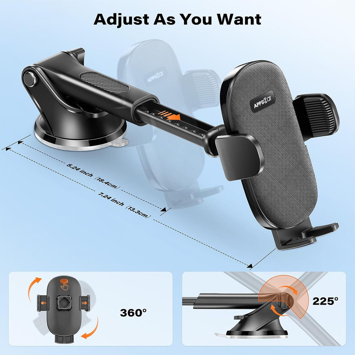 APPS2Car Car Phone Holder Mount, Strong Suction Dashboard & Windshield Phone Holder for Car, Hands-Free, Compatible with iPhone Samsung All Phones, Ideal for Delivery & Uber Drivers, Fleet Vehicles
