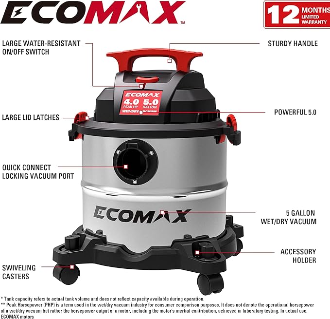 ECOMAX Shop Vacuum Wet and Dry 5 Gallon 4 HP Stainless Steel Wet Dry Vac with Powerful Suction and Blowing Function, Portable 3 in 1 Shop Vacuum for Home, Garage, Car, Jobsite and Workshop, EM18115