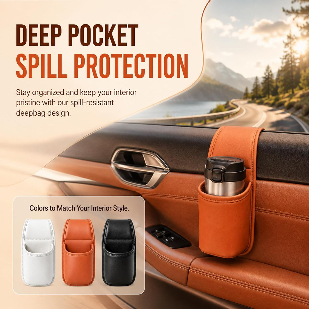 2 Pack Leather Car Door Cup Holder for Window,Multi‑Purpose Car Door Side Hanging Holder,Clip on Extra Large Drink Organizer for Phone Drink Bottle Sunglasses,Wide-Mouth Organizer(Orange)