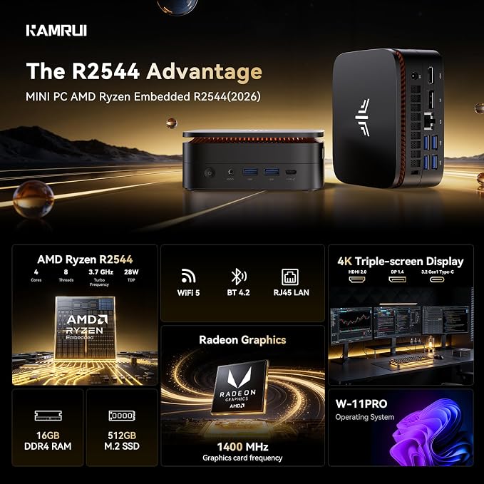 KAMRUI Pinova P1 PC, Ryzen R2544, 16GB DDR4 512GB SSD | 4-Core, 8-Thread Processor, Triple 4K Display, M.2 2280 SSD, Wi-Fi, Bluetooth, Ethernet, Home Office