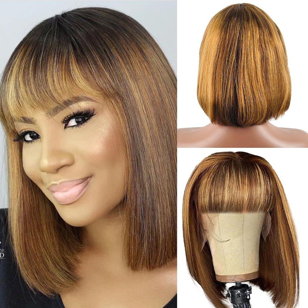 Rebasar Highlight Bob Wigs Human Hair 10 Inch Wigs With Bangs Bob Wigs For Black Women Human Hair Glueless Brazilian Virgin Stra