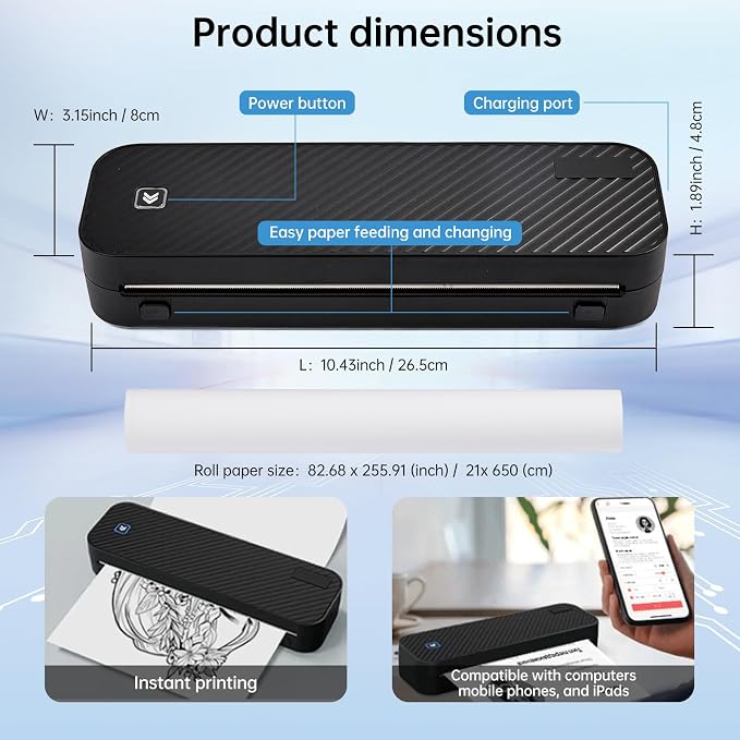 Portable Printer for Travel Bluetooth, Inkless Travel Printer, supports thermal