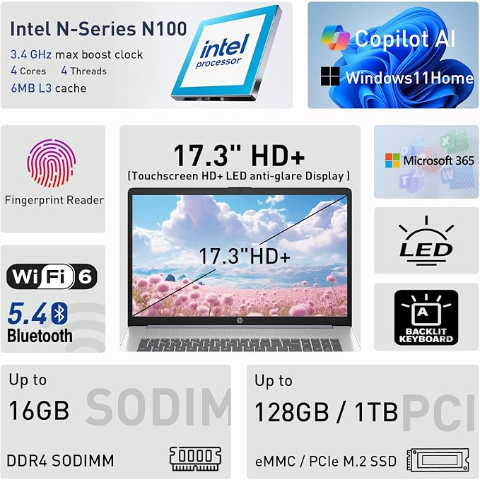 HP 17.3" Touchscreen Laptop w/Microsoft 365, 16GB RAM, 512GB SSD+128GB UFS, Webcam w/Shutter, Fingerprint Reader, Backlit Keyboard, Microsoft Copilot Key, Intel Quad-Core CPU, Win11, Lavender