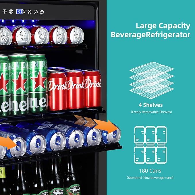 Beverage Refrigerator 24 Inch, 180 Can Drink Fridge with Glass Door, Under Counter or Freestanding Beverage Cooler for Soda, Beer, Wine – Quiet Cooling for Kitchen, Bar, Office, Black