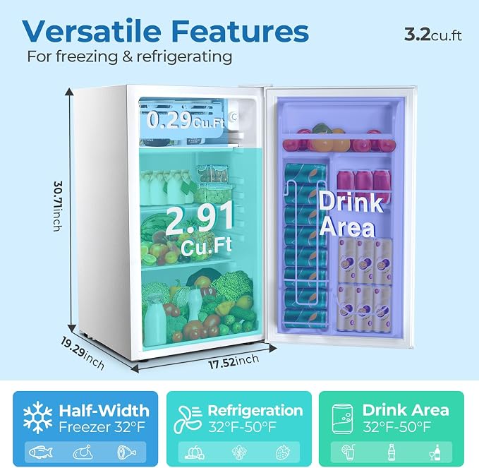 Electactic 3.2 Cu.ft Mini Fridge with Freezer, Compact Refrigerator with Reversible Single Door, Adjustable Thermostat, Low Noise, Energy Efficient for Office, Dorm, Bedroom, Apartment (WHITE)
