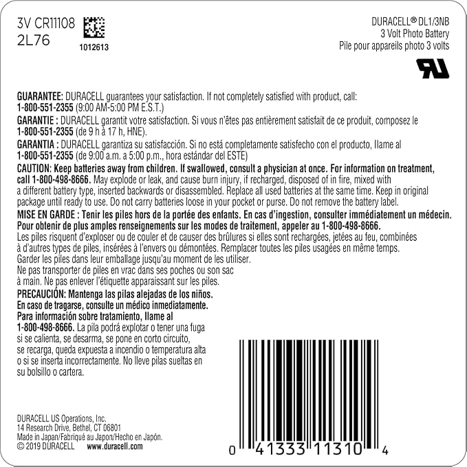 Duracell 1/3N 3V Lithium Battery, Lithium Coin Battery