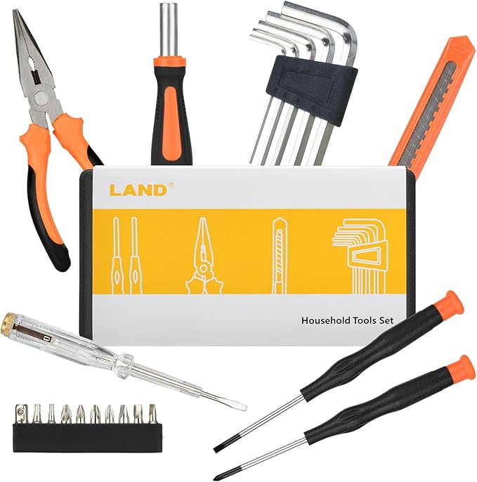 LAND 22-Piece Small Tool Kit with Toolbox - Essential Household Tool Set for Home Repair, DIY Projects, Garage & College Dorm, Includes Pliers, Screwdrivers & Portable Storage Case