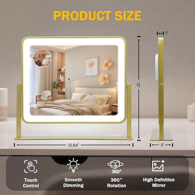 Rechargeable Vanity Mirror with Lights, 3000mAH Battery, 14"×12" LED Makeup Mirror, 10X Magnification, Smart Touch with 3-Color Lighting, 360° Rotation, Lighted Up for Makeup Desk, Bedroom (Gold)