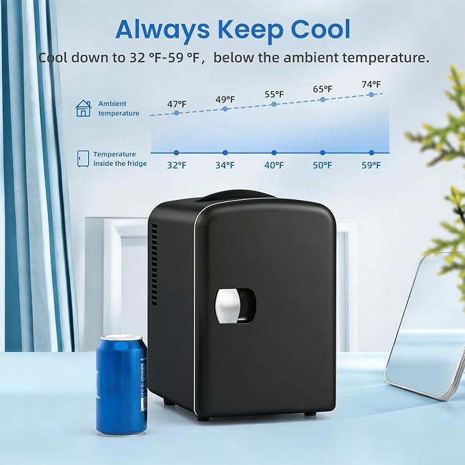 Antarctic Star Compact Refrigerator, Portable Mini Fridge, Skin Care 4L Capacity/6 Cans, for Bedroom, Car, Office & Dorm, Small Cooler for Cosmetics, Beverage and Food, Black