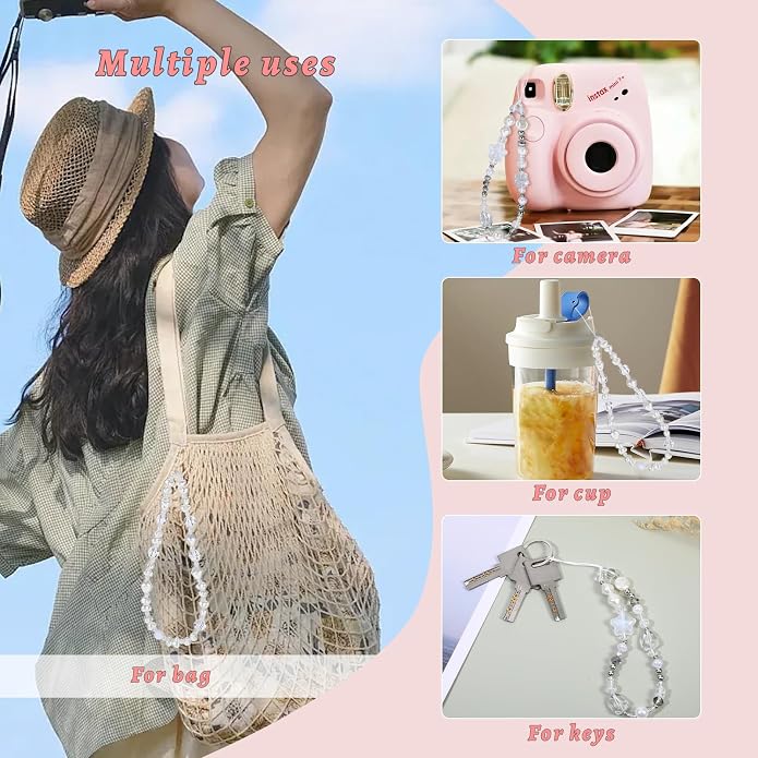 Pink Beaded Phone Wrist Straps, Y2K Phone Case Charms Camera Charm Strap