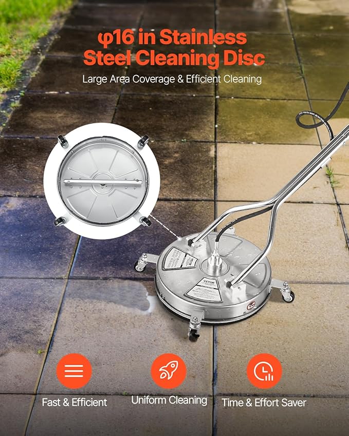 VEVOR 18 Inch Pressure Washer Surface Cleaner, 4000 PSI Stainless Steel Attachment with 4 Wheels, 2 Nozzles, 3/8 Inch Quick Connect and Dual Handle for Concrete, Patio, Sidewalk