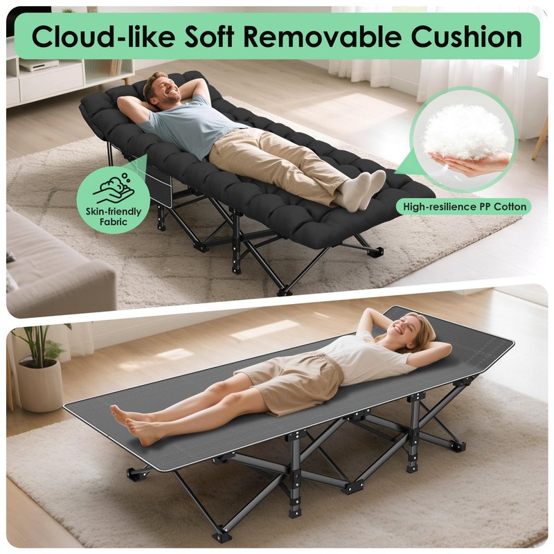 Suteck Camping Cot, Folding Camping Cot Bed for Adults Sleeping 1200D Double Layer Oxford Portable Folding Outdoor Cots for Camping W/Soft Pad Carry Bag for Home Office Nap Beach Travel