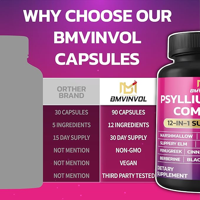 BMVINVOL Psyllium Husk, Slippery Elm, Cascara Sagrada, Fenugreek, Berberine, Cinnamon, Turmeric + 5 Mores - Immune Support & Digestive Health Supplement - 90 Capsules