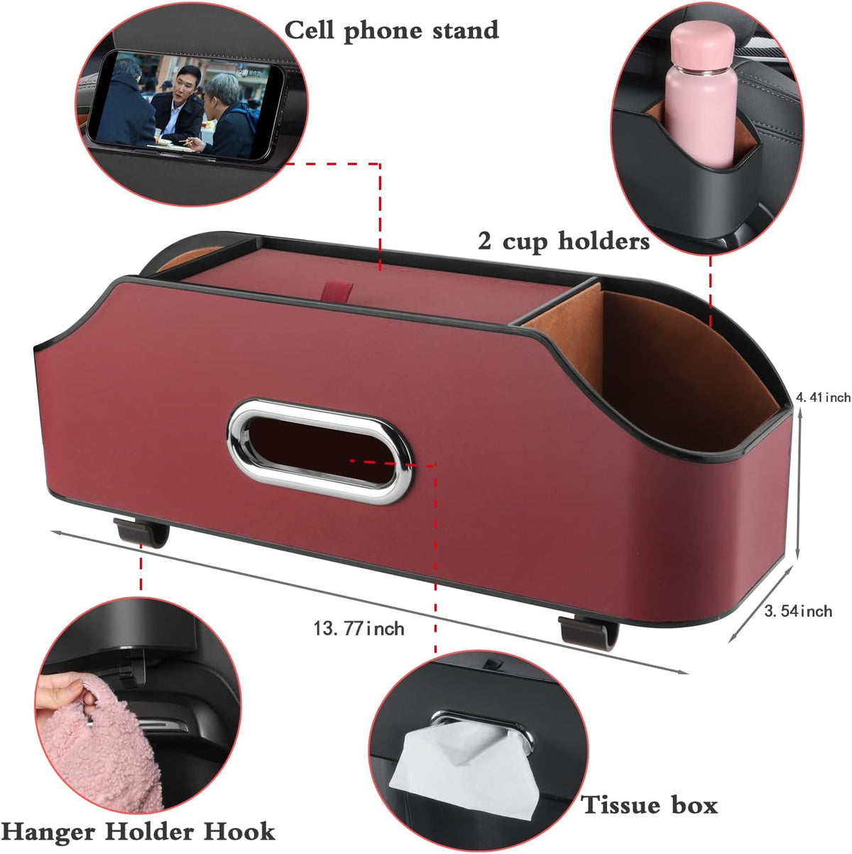 HOLDCY Car Back Seat Organizer with 2 Drink Cup Holder - Tissue Box and Storage Box Hook - Multi-functional Storage - Great for Kids and Travel (Red)