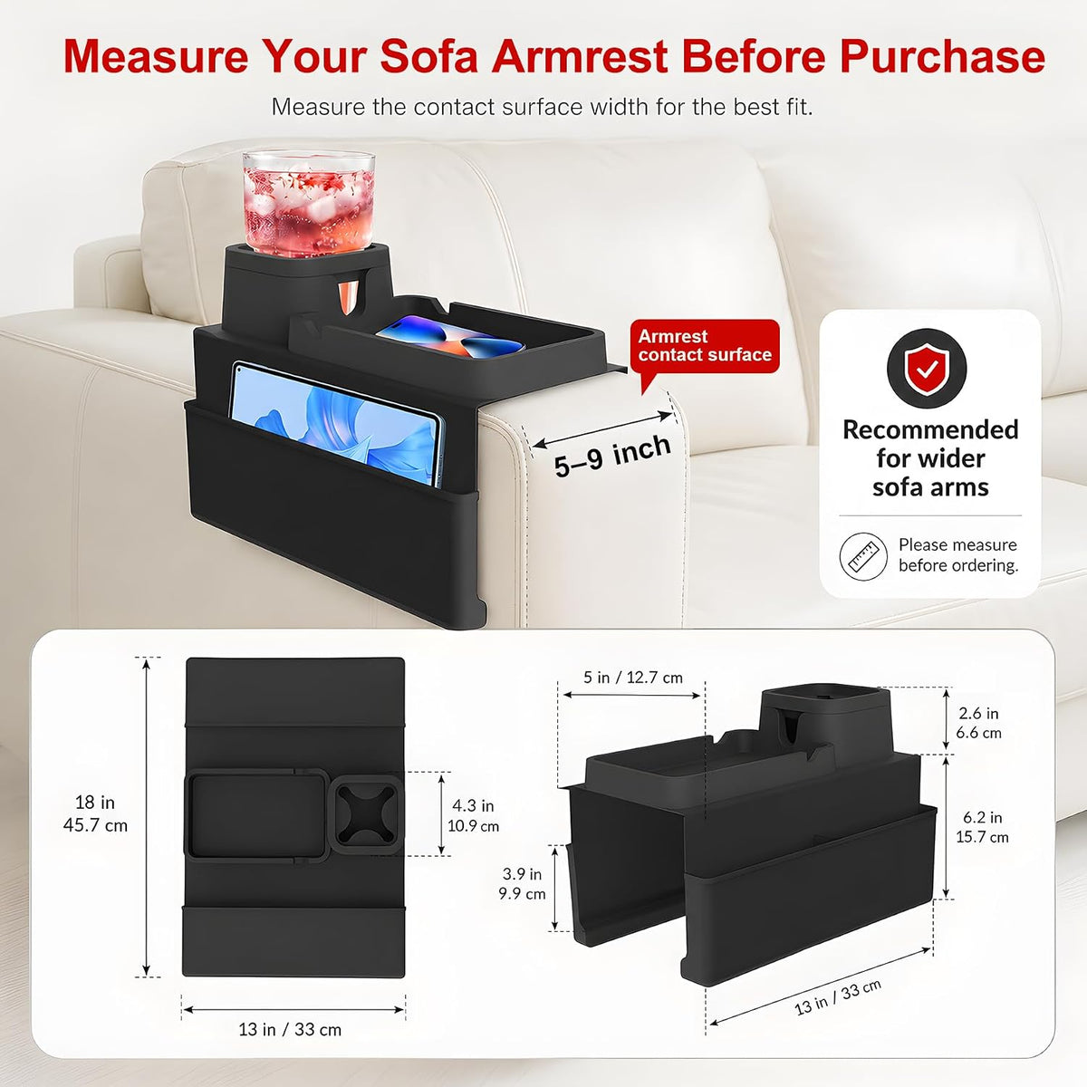 KindGa Couch Cup Holder - Silicone Sofa Armrest Organizer Couch Caddy Black