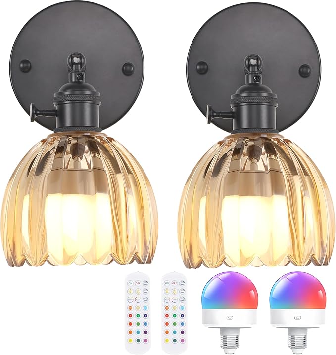 Vintage Battery Operated Wall Sconce with Amber Tulip Glass Lampshade Rechargeable Battery Powered Black Wall Light with Remote Control for Bedside Bedroom Doorway, Set of 2