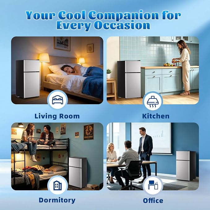 Mini Fridge with Separate Freezer Compartment Double Door Small Refrigerator with 7 Adjustable Temp Control Ideal for One Person Use & Dorm Apartment Office Silver