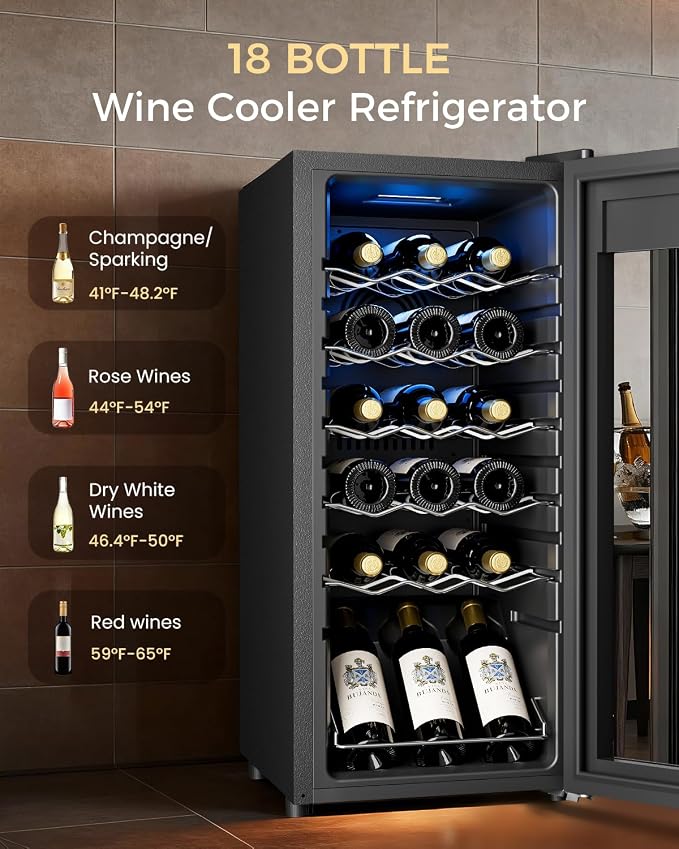 Feelfunn 18 Bottle Wine Cooler Refrigerator - Small Wine Fridge with Glass Door & Digital Temperature Control, Freestanding Wine Refrigerator for Red, White, Champagne or Sparkling Wine, Black
