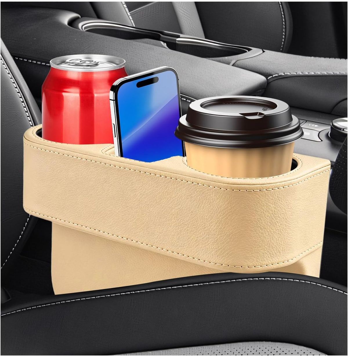 Car Cup Holder Gap Filler Organizer, Multifunctional Car Console Side Organizer with 2 Cup Holders, Leather Seat Gap Filler Portable Drink Holders Storage Box for Most Vehicles (Black)
