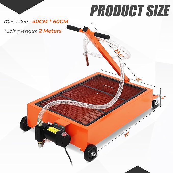 15 Gallon Oil Drain Pan with 110V Electric Pump, Low Profile Oil Drain Pan for Oil Change, Oil Change Pan with 8 Ft Hose and Folding Handle, Rolling Oil Drain Cart for Car, SUV, Trucks, Orange
