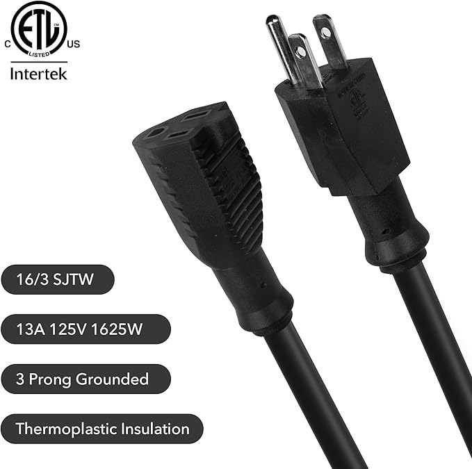 Clear Power 8 ft Extension Cord - 16/3 SJTW, Black Waterproof, Weather Resistant, Flame Retardant, 3-Prong Grounded Plug for Safe and Reliable Use - Ideal for Home, Garage, and Outdoor Projects