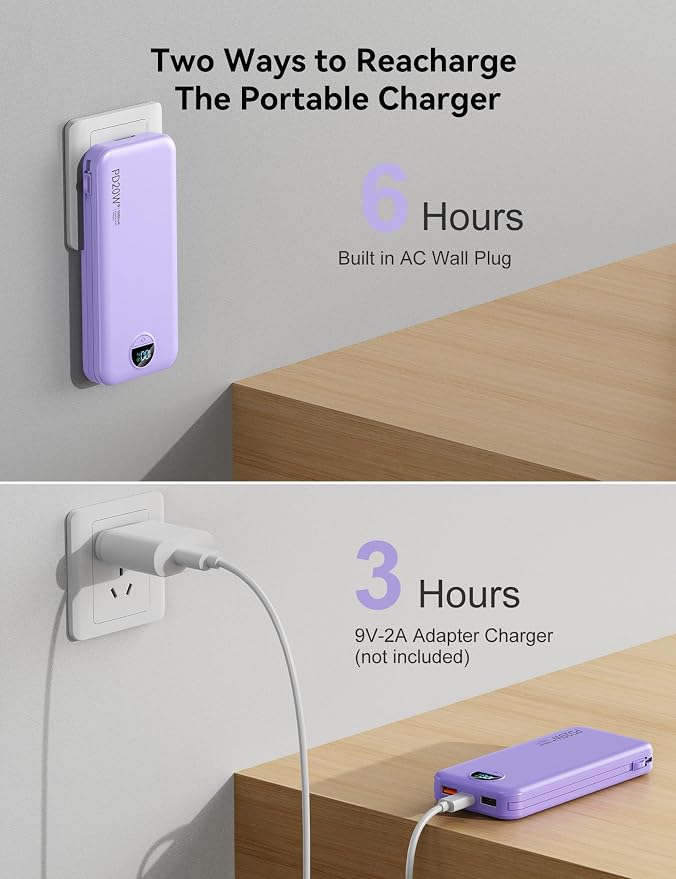 10000mAh Ultra-Portable-Charger-Power-Bank with Built in Cables&AC Wall Plug, PD20W USB-C Fast Charging Cell Phone Charger Battery Pack,LED Display Travel Battery Bank for All iPhone,Samsung,Android