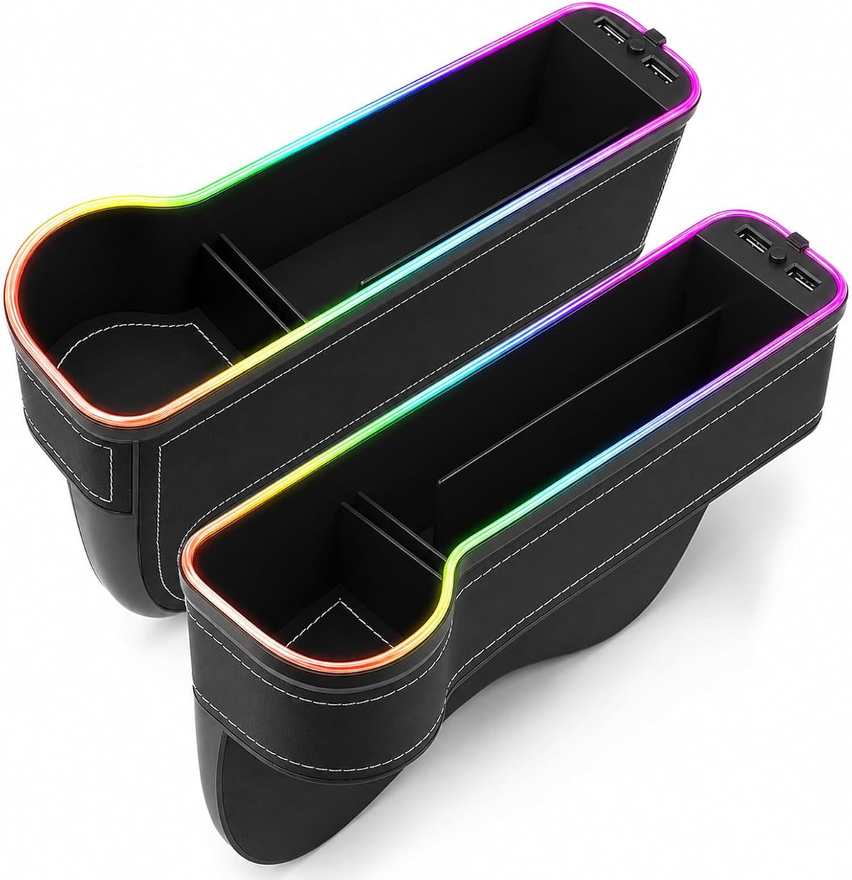 2 Pack Car Gap Filler Organizer with Charger Upgrade LED Seat Gap Organizer Box with Cup Holder Card Slot Larger Storage Space Reducing Item Loss