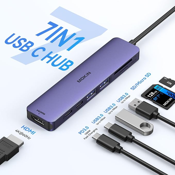MOKiN 7 in 1 USB C Hub with HDMI, microSD/SD Card Reader, USB 3.0, 100W PD