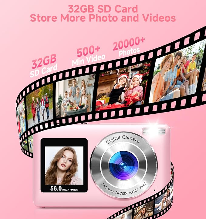 Digital Camera, 2026 Upgraded 56MP Pink Digital Camera, Dual Screens Cameras
