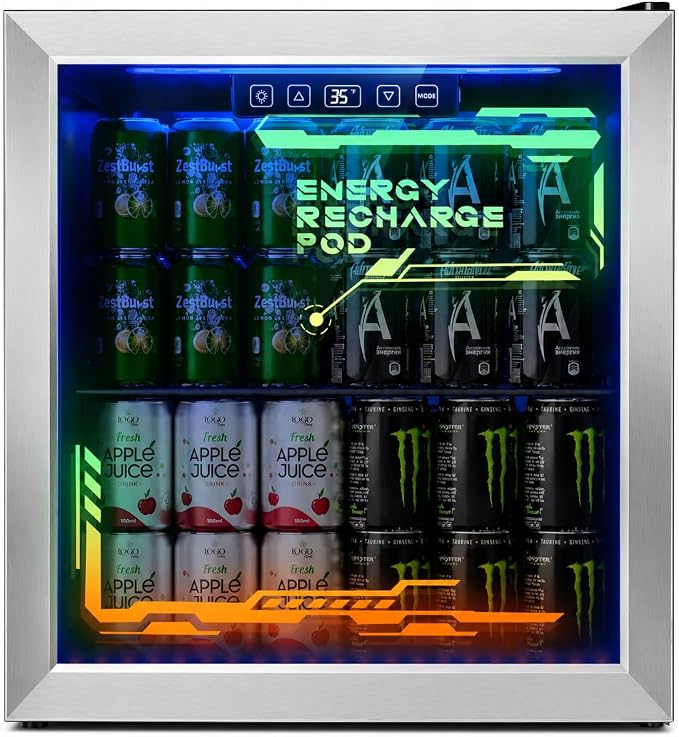 Tehanld Lighted Beverage Refrigerator, 68-Can Gaming Mini Fridge | RGB illuminated glass door, 1.8 cu.ft, 35-65°F digital control, quiet drink cooler for bedroom, game room, home bar