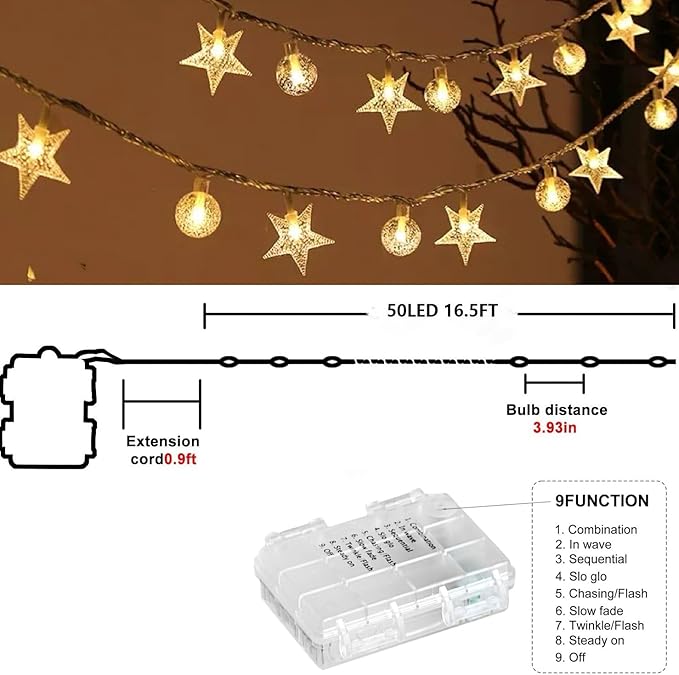 Globe/Star Fairy Lights Battery Operated 17ft 50LED String Lights with Remote Waterproof Indoor Outdoor Hanging Decorative Christmas Lights for Home Party Patio Garden Wedding