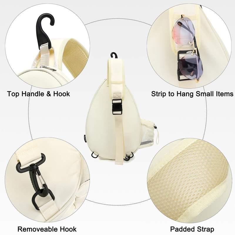 Rejolly Tennis Racket Sling Bag for Women Men Quilted Water Resistant Racquet Cover One Shoulder Crossbody Bag for 2 Tennis Rackets, Pickleball Paddles, Badminton Racquet Cream White