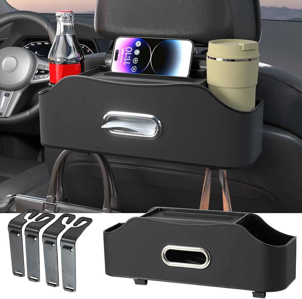 Back Seat Cup Holder for Car – Multifunctional Seat Back Organizer with Drink Holders, Tissue Box Storage & Hooks, Fits Headrest for Auto. (Gray)