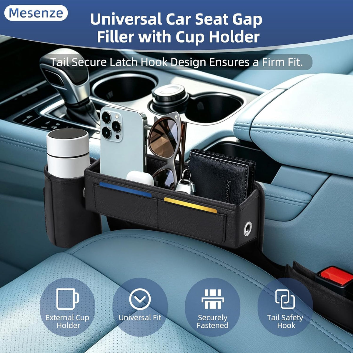 Premium Leather Car Seat Gap Filler Organizer & Cup Holder (1 Pair)
