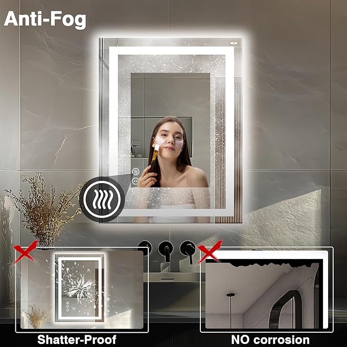 24"x32" LED Bathroom Mirrors for Wall, Front and Backlit Mirror, Anti-Fog Vanity Mirror with Lights, Stepless 3 Colors Dimmable Smart Lighted Mirror(Horizontal/Vertical)