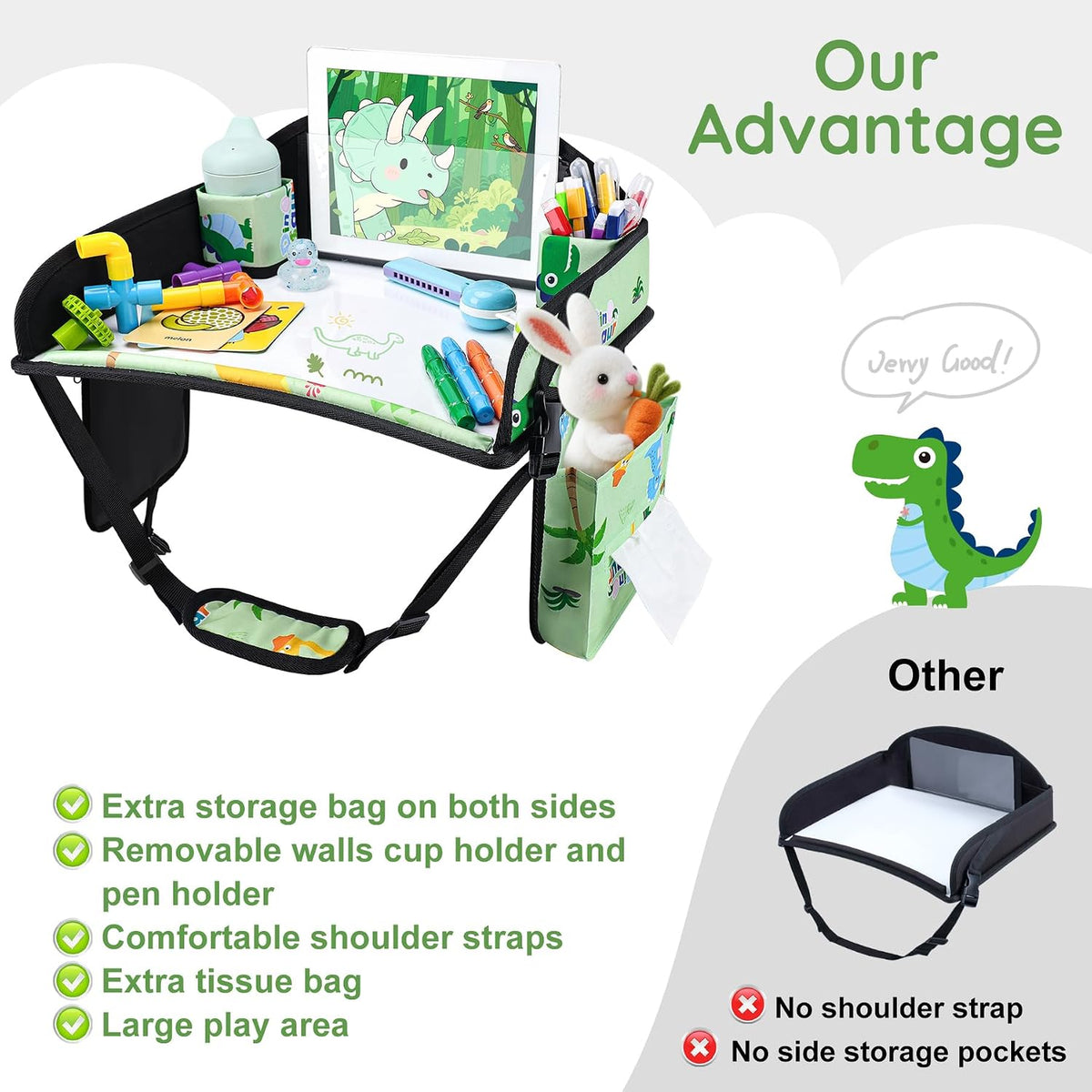 Kids Travel Tray, Kids Travel Trays for Car Seat, Road Trip Essentials for Toddler, Carseat Lap Tray with Dry Erase Board & Storage Organizer for Road Trip Activities for Kid, Green