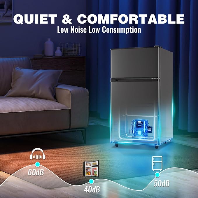 3.5 Cu.Ft Compact Refrigerator Gray, Dual-Door MIni Fridge for Home | 2 Removable Glass Shelves, Large Capacity with 7 Settings, Low Consumption for Dorm Apartment