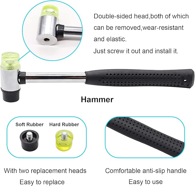 5PCS Upholstery Tools Kit - Dual Head Soft Rubber Mallet Hammer with 2PCS Replacement Head, Nail Tack Remover Tool & Removal Pliers for Furniture Floor Jewelry Craft Project etc